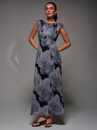 Slash Neck Fit & Flare Mesh Maxi Dress, Black Abstract