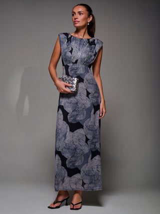Slash Neck Fit & Flare Mesh Maxi Dress, Black Abstract