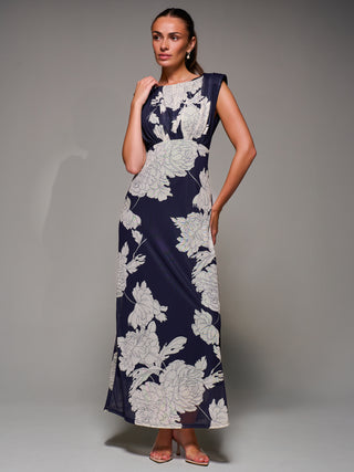 Slash Neck Fit & Flare Mesh Maxi Dress, Navy Floral