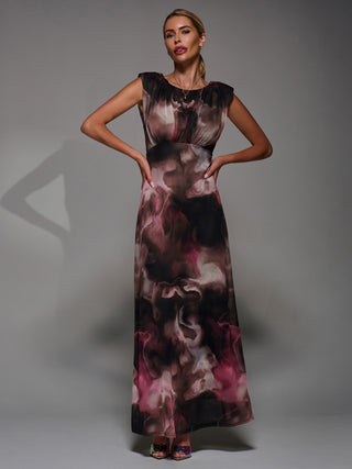 Slash Neck Fit & Flare Mesh Maxi Dress, Pink Abstract