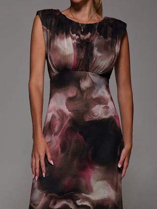 Slash Neck Fit & Flare Mesh Maxi Dress, Pink Abstract