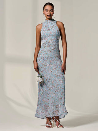 Chiffon Halter Neck Maxi Dress, Blue Floral
