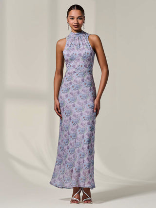 Chiffon Halter Neck Maxi Dress, Purple Floral