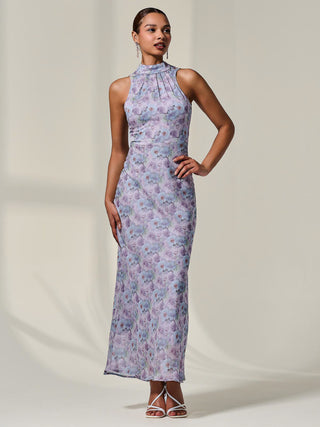 Chiffon Halter Neck Maxi Dress, Purple Floral