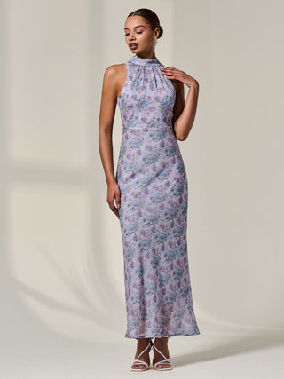 Chiffon Halter Neck Maxi Dress, Purple Floral