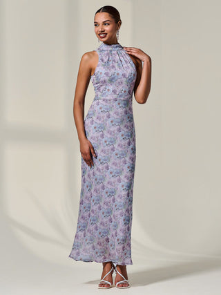 Chiffon Halter Neck Maxi Dress, Purple Floral