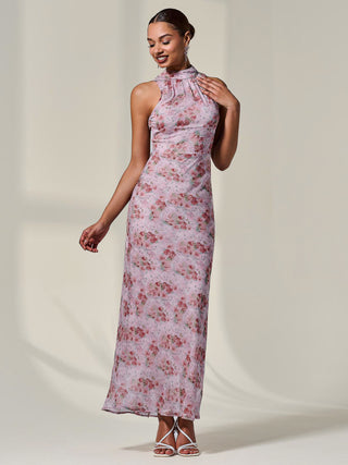 Chiffon Halter Neck Maxi Dress, Red Floral