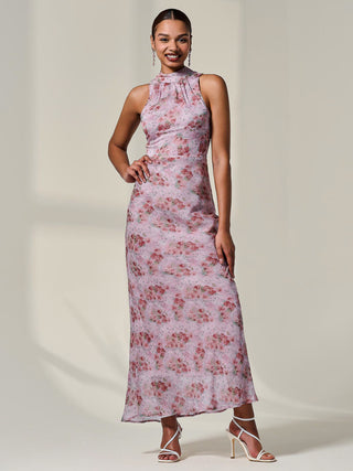 Chiffon Halter Neck Maxi Dress, Red Floral