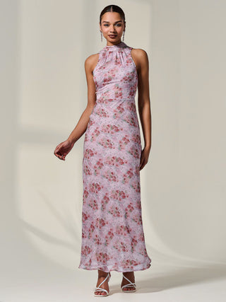 Chiffon Halter Neck Maxi Dress, Red Floral