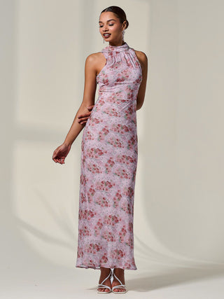 Chiffon Halter Neck Maxi Dress, Red Floral