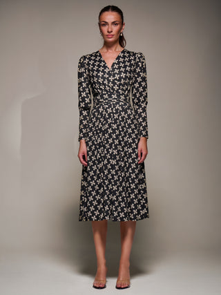 Puff Long Sleeve Jersey Midi Dress, Black Pattern