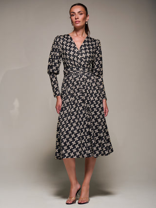 Puff Long Sleeve Jersey Midi Dress, Black Pattern