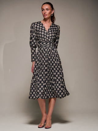 Puff Long Sleeve Jersey Midi Dress, Black Pattern