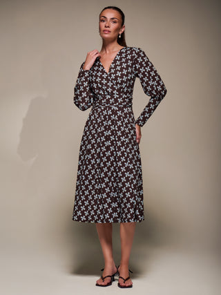 Puff Long Sleeve Jersey Midi Dress, Brown Pattern