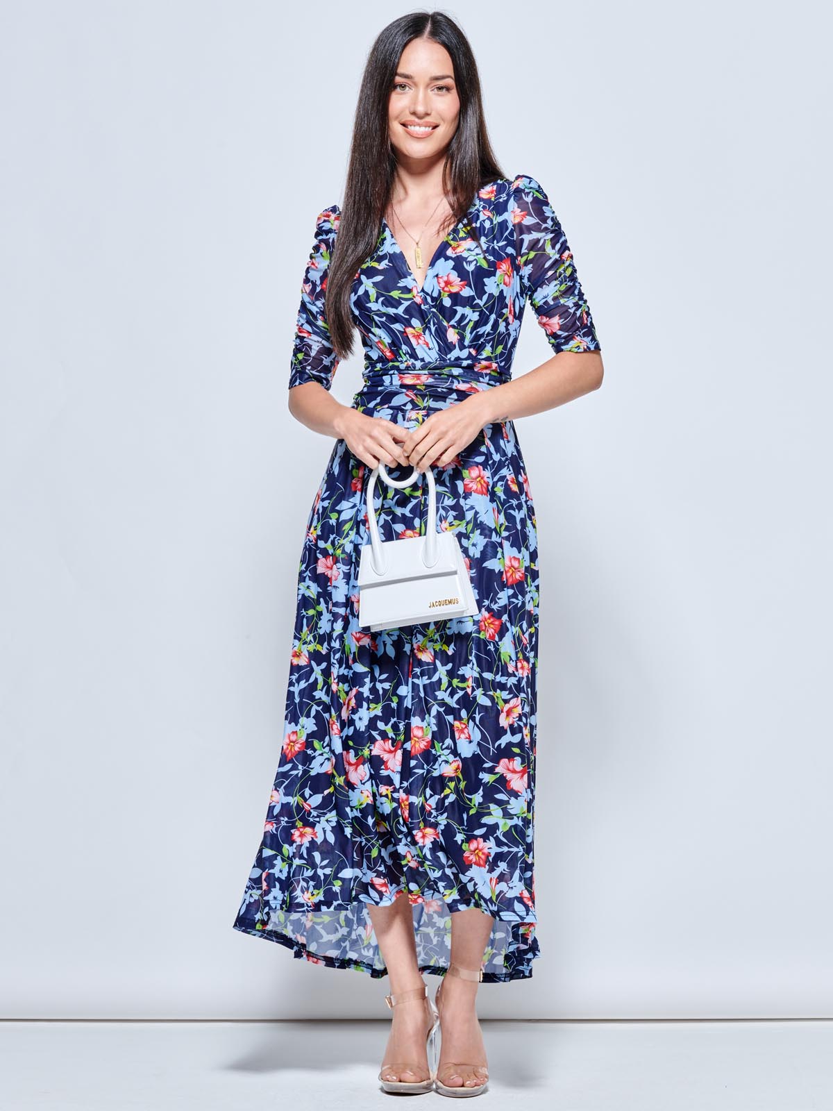 Gavina Ruched Sleeve Mesh Maxi Dress, Navy Floral