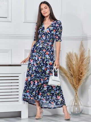 Gavina Ruched Sleeve Mesh Maxi Dress, Navy Floral