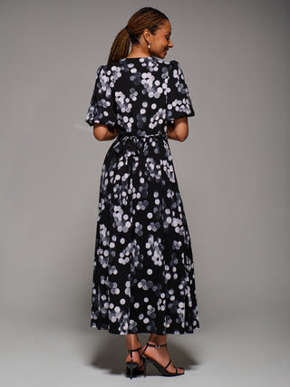 Puff Sleeve Jersey Maxi Dress, Black Spot