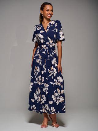 Puff Sleeve Jersey Maxi Dress, Navy Floral