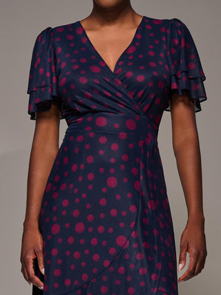 Angel Sleeve Mesh Frill Wrap Maxi Dress, Navy Spot