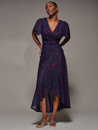 Angel Sleeve Mesh Frill Wrap Maxi Dress, Navy Spot