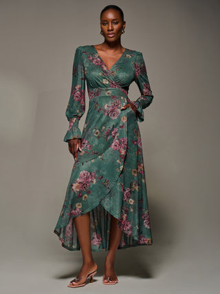 Long Sleeve Frill Hem Mesh Maxi Dress, Green Floral