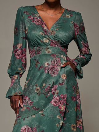 Long Sleeve Frill Hem Mesh Maxi Dress, Green Floral