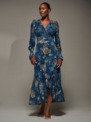 Long Sleeve Frill Hem Mesh Maxi Dress, Navy Floral