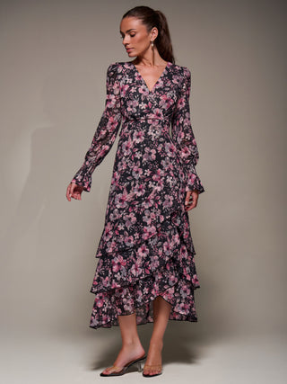 Long Sleeve Ruffle Hem Mesh Maxi Dress, Black Pink Floral