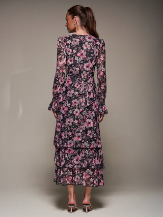 Long Sleeve Ruffle Hem Mesh Maxi Dress, Black Pink Floral