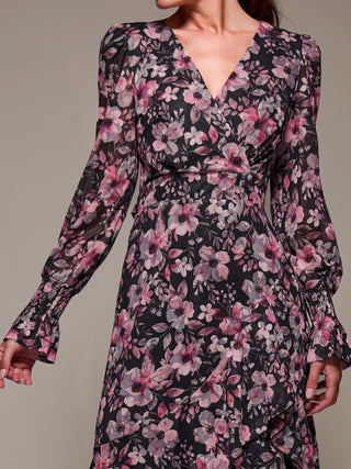 Long Sleeve Ruffle Hem Mesh Maxi Dress, Black Pink Floral
