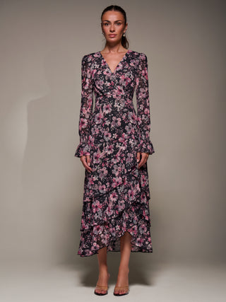 Long Sleeve Ruffle Hem Mesh Maxi Dress, Black Pink Floral