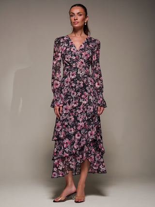 Long Sleeve Ruffle Hem Mesh Maxi Dress, Black Pink Floral