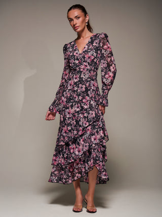 Long Sleeve Ruffle Hem Mesh Maxi Dress, Black Pink Floral