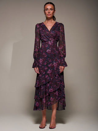Long Sleeve Ruffle Hem Mesh Maxi Dress, Navy Floral