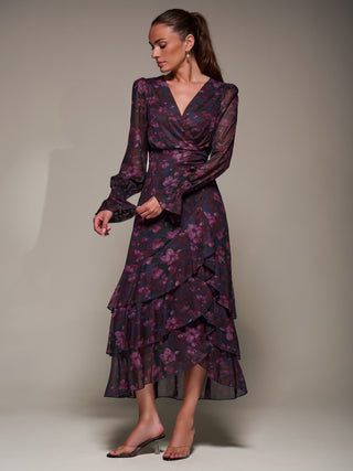 Long Sleeve Ruffle Hem Mesh Maxi Dress, Navy Floral