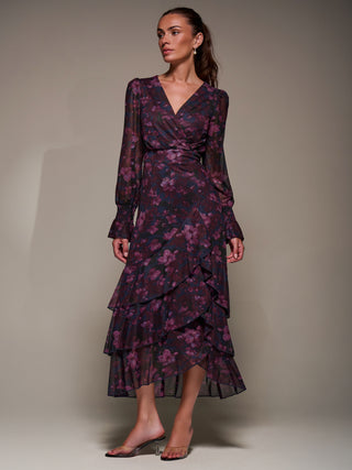 Long Sleeve Ruffle Hem Mesh Maxi Dress, Navy Floral