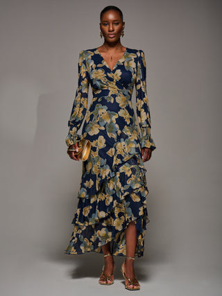 Long Sleeve Ruffle Hem Mesh Maxi Dress, Yellow Floral