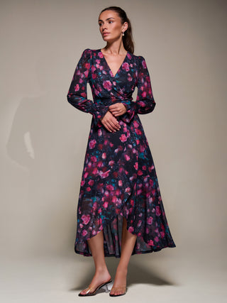 Ruffle Cuffed Sleeve Frill Mesh Maxi Dress, Pink Floral