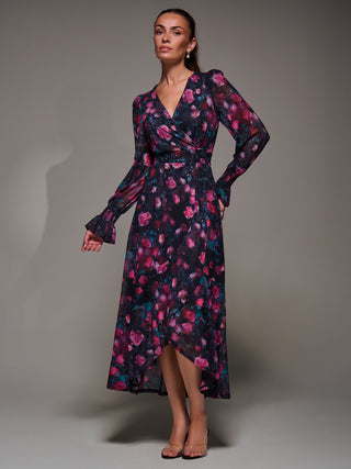 Ruffle Cuffed Sleeve Frill Mesh Maxi Dress, Pink Floral