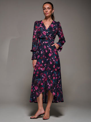 Ruffle Cuffed Sleeve Frill Mesh Maxi Dress, Pink Floral