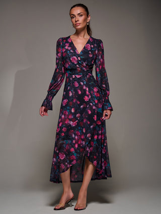 Ruffle Cuffed Sleeve Frill Mesh Maxi Dress, Pink Floral