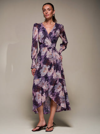 Ruffle Cuffed Sleeve Frill Mesh Maxi Dress, Purple Floral