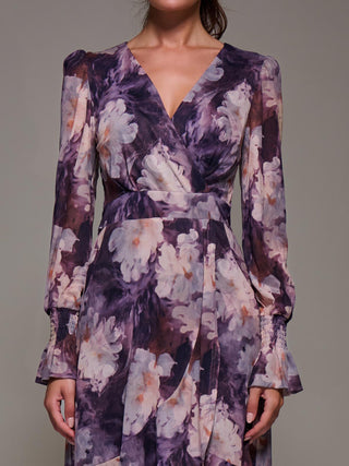 Ruffle Cuffed Sleeve Frill Mesh Maxi Dress, Purple Floral