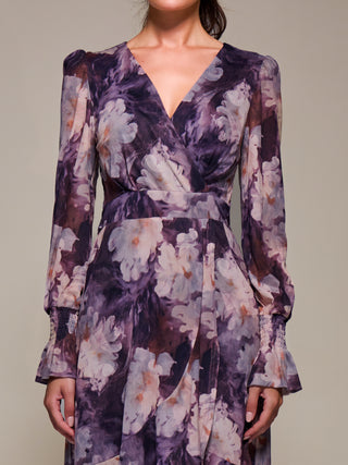 Ruffle Cuffed Sleeve Frill Mesh Maxi Dress, Purple Floral