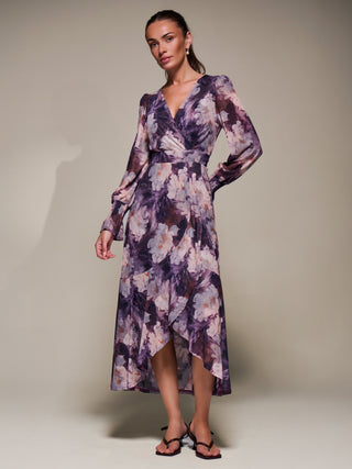 Ruffle Cuffed Sleeve Frill Mesh Maxi Dress, Purple Floral