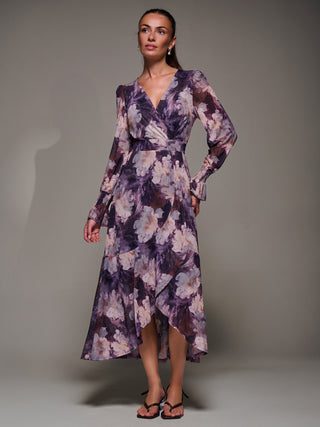 Ruffle Cuffed Sleeve Frill Mesh Maxi Dress, Purple Floral