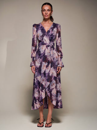 Ruffle Cuffed Sleeve Frill Mesh Maxi Dress, Purple Floral