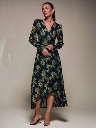 Ruffle Cuffed Sleeve Frill Mesh Maxi Dress, Yellow Floral