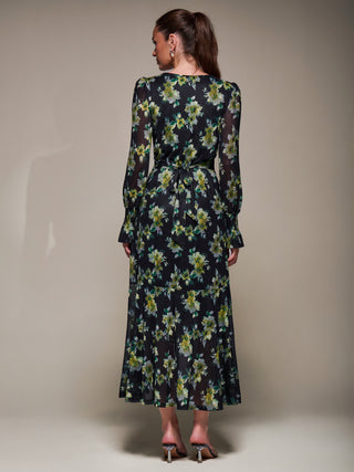 Ruffle Cuffed Sleeve Frill Mesh Maxi Dress, Yellow Floral