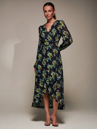 Ruffle Cuffed Sleeve Frill Mesh Maxi Dress, Yellow Floral